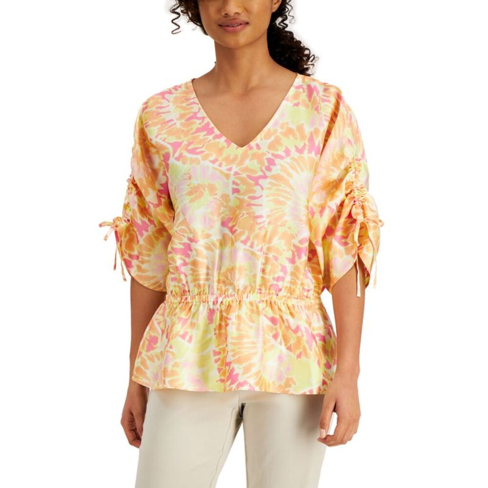 JM Collection Printed V Neck Gathered Waist Top